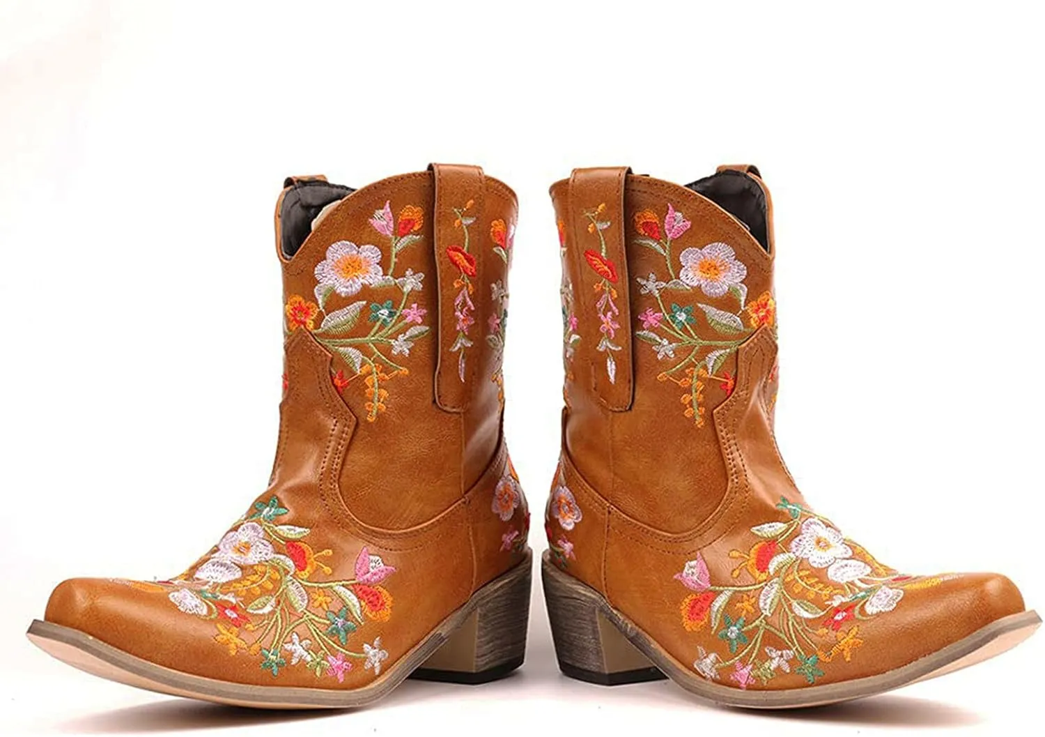 Cowboy Boots for Women Ankle Cowgirl Floral Embroidery Stitched Chunky Heel Pointy Toe Retro Western Boots