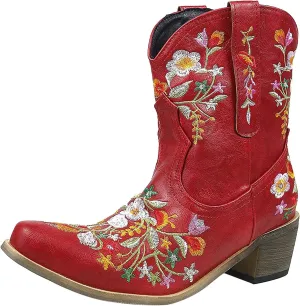 Cowboy Boots for Women Ankle Cowgirl Floral Embroidery Stitched Chunky Heel Pointy Toe Retro Western Boots