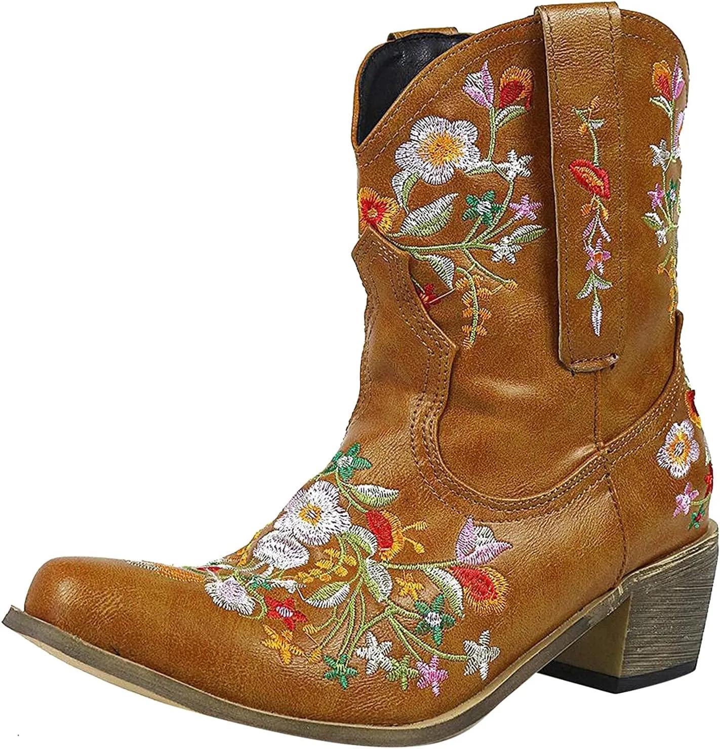 Cowboy Boots for Women Ankle Cowgirl Floral Embroidery Stitched Chunky Heel Pointy Toe Retro Western Boots