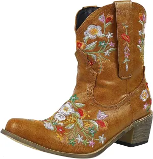 Cowboy Boots for Women Ankle Cowgirl Floral Embroidery Stitched Chunky Heel Pointy Toe Retro Western Boots
