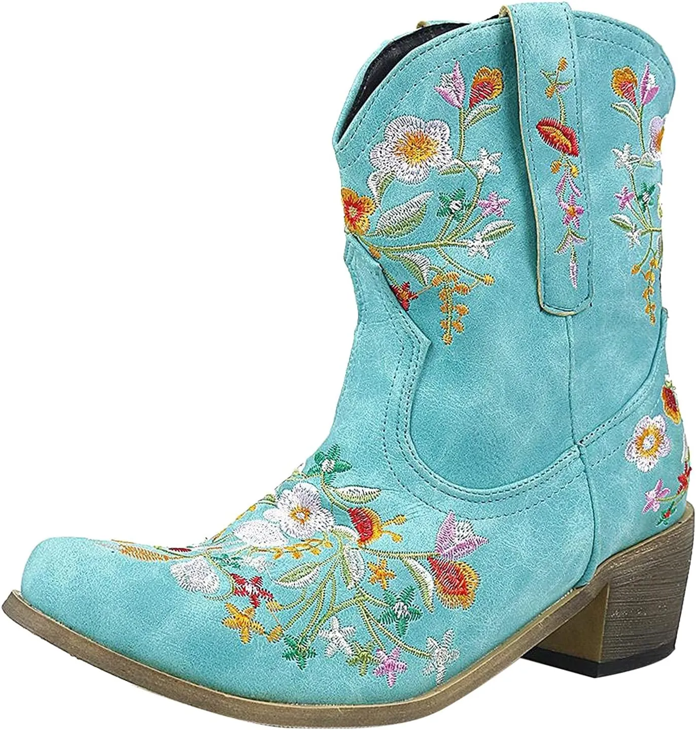 Cowboy Boots for Women Ankle Cowgirl Floral Embroidery Stitched Chunky Heel Pointy Toe Retro Western Boots