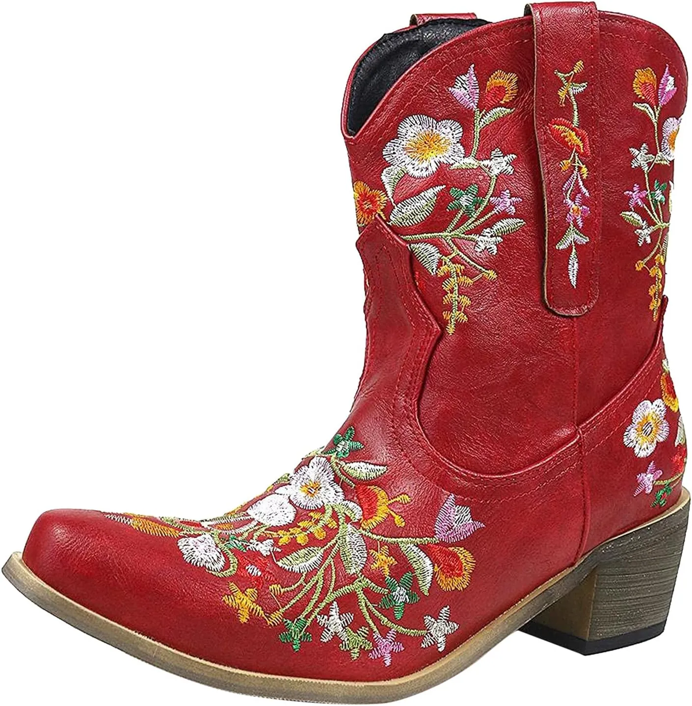 Cowboy Boots for Women Ankle Cowgirl Floral Embroidery Stitched Chunky Heel Pointy Toe Retro Western Boots