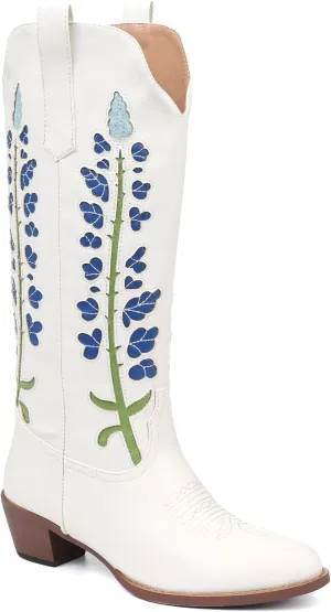 Cowboy Boots For Women, Cute Bluebonnet Floral Embroidered Fashion Country Boots Pointed Toe Chunky Heel Wide Calf Fancy Comfortable Pu Leather, Cowgirl Boots
