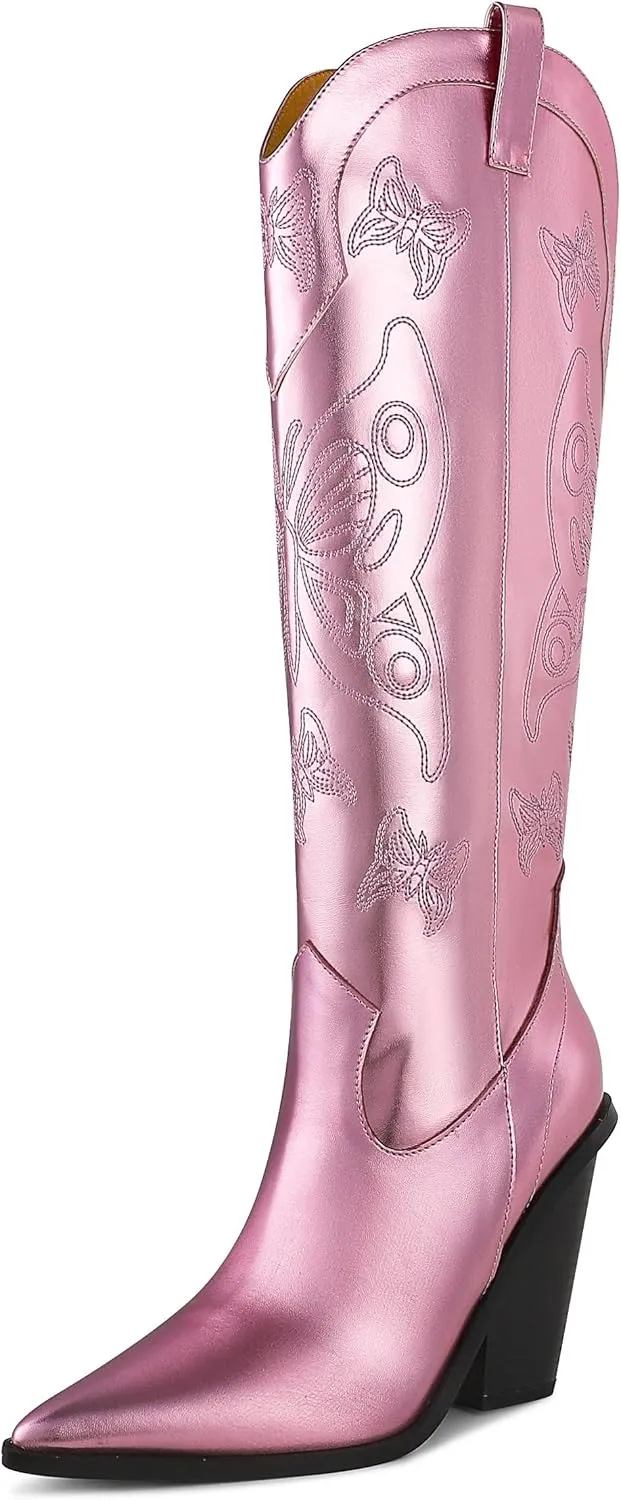 Cowboy Boots For Women, Cute Bluebonnet Floral Embroidered Fashion Country Boots Pointed Toe Chunky Heel Wide Calf Fancy Comfortable Pu Leather, Cowgirl Boots