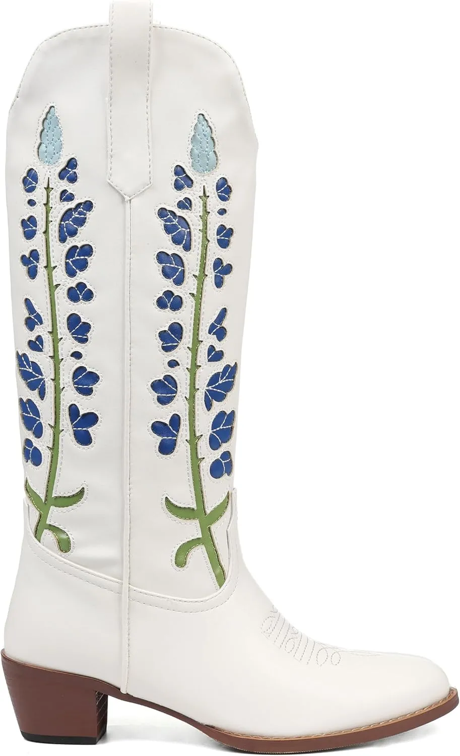 Cowboy Boots For Women, Cute Bluebonnet Floral Embroidered Fashion Country Boots Pointed Toe Chunky Heel Wide Calf Fancy Comfortable Pu Leather, Cowgirl Boots