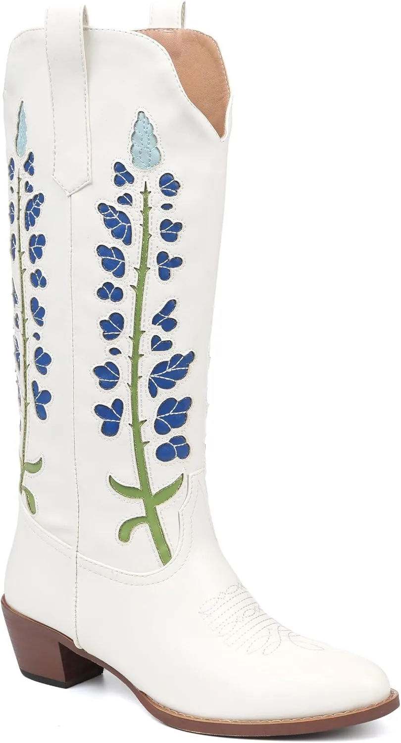 Cowboy Boots For Women, Cute Bluebonnet Floral Embroidered Fashion Country Boots Pointed Toe Chunky Heel Wide Calf Fancy Comfortable Pu Leather, Cowgirl Boots