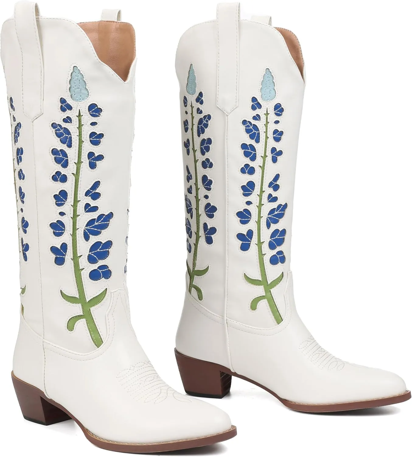 Cowboy Boots For Women, Cute Bluebonnet Floral Embroidered Fashion Country Boots Pointed Toe Chunky Heel Wide Calf Fancy Comfortable Pu Leather, Cowgirl Boots