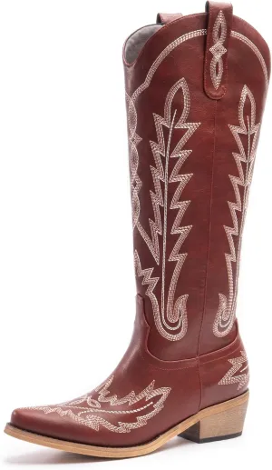 Cowboy Boots for Women, Embroidered Cowgirl Boots, Pointed Toe Knee High Boots, Women's Western Boots Pull On with Side Zipper