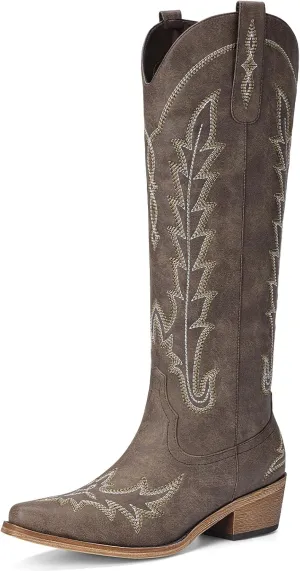 Cowboy Boots for Women - Knee High Embroidered Western Cowgirl Boots, Pointed Toe Chunky Heel Retro Country Boots, Pull On Zipper Vintage Fashion Tall Boots for Girls Ladies