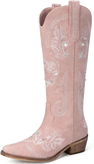 Cowboy Boots for Women - Wide Calf Knee High Cowgirl Boots, Glitter Sparkly Rhinestone Western Country Boots with Classic Embroidery, Pointed Toe Pull On Zipper Retro Boots