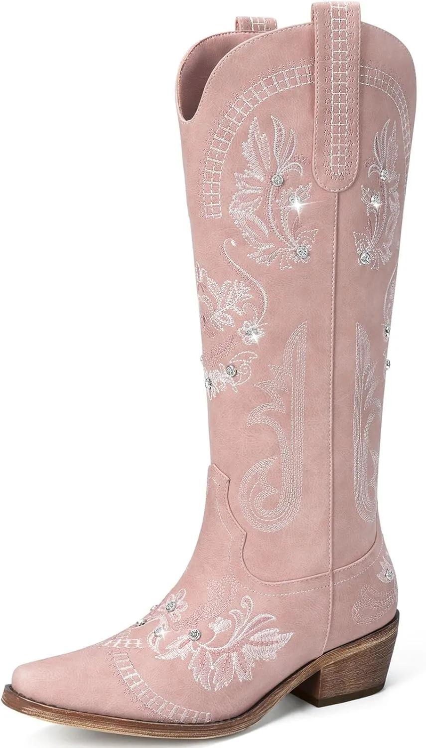 Cowboy Boots for Women - Wide Calf Knee High Cowgirl Boots, Glitter Sparkly Rhinestone Western Country Boots with Classic Embroidery, Pointed Toe Pull On Zipper Retro Boots