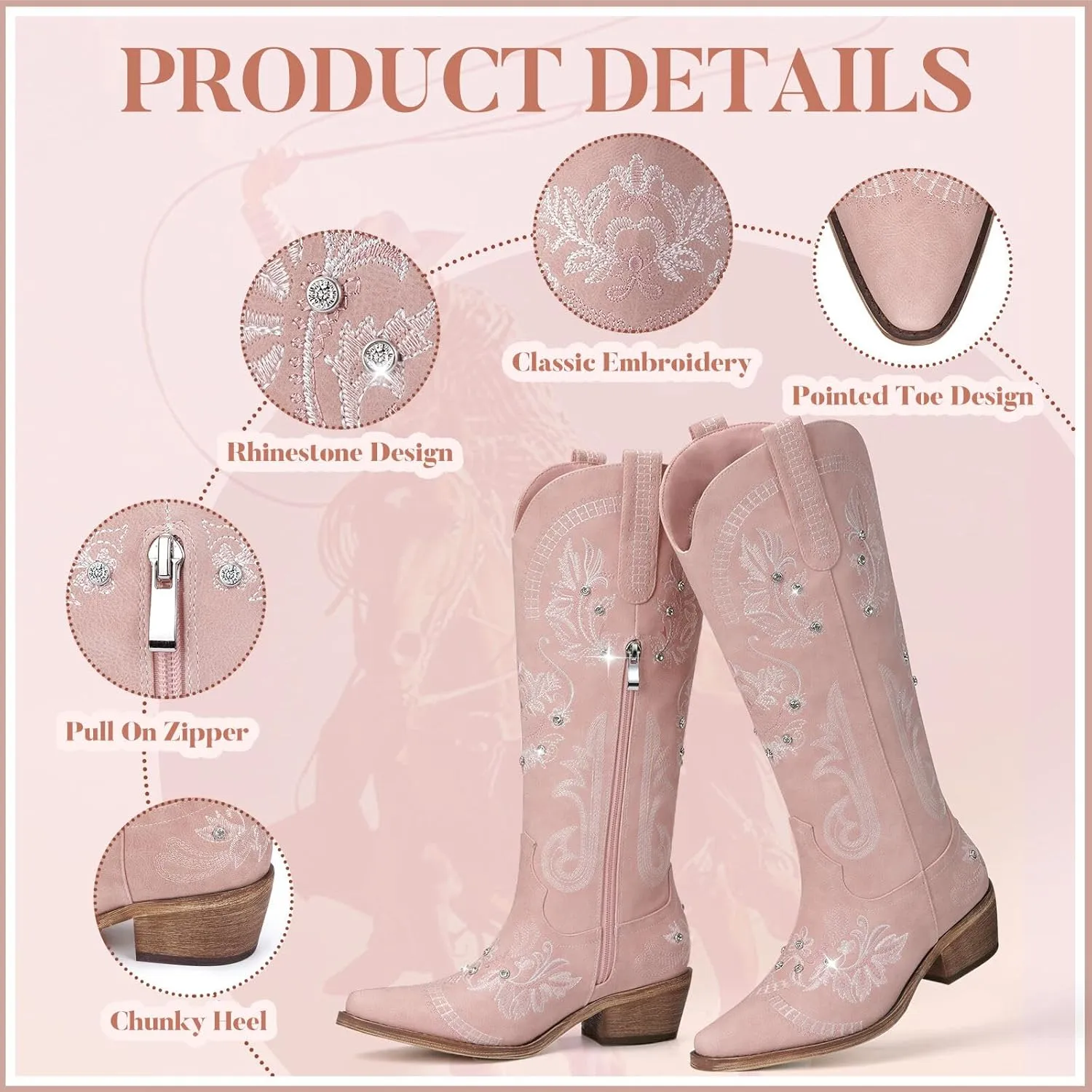 Cowboy Boots for Women - Wide Calf Knee High Cowgirl Boots, Glitter Sparkly Rhinestone Western Country Boots with Classic Embroidery, Pointed Toe Pull On Zipper Retro Boots