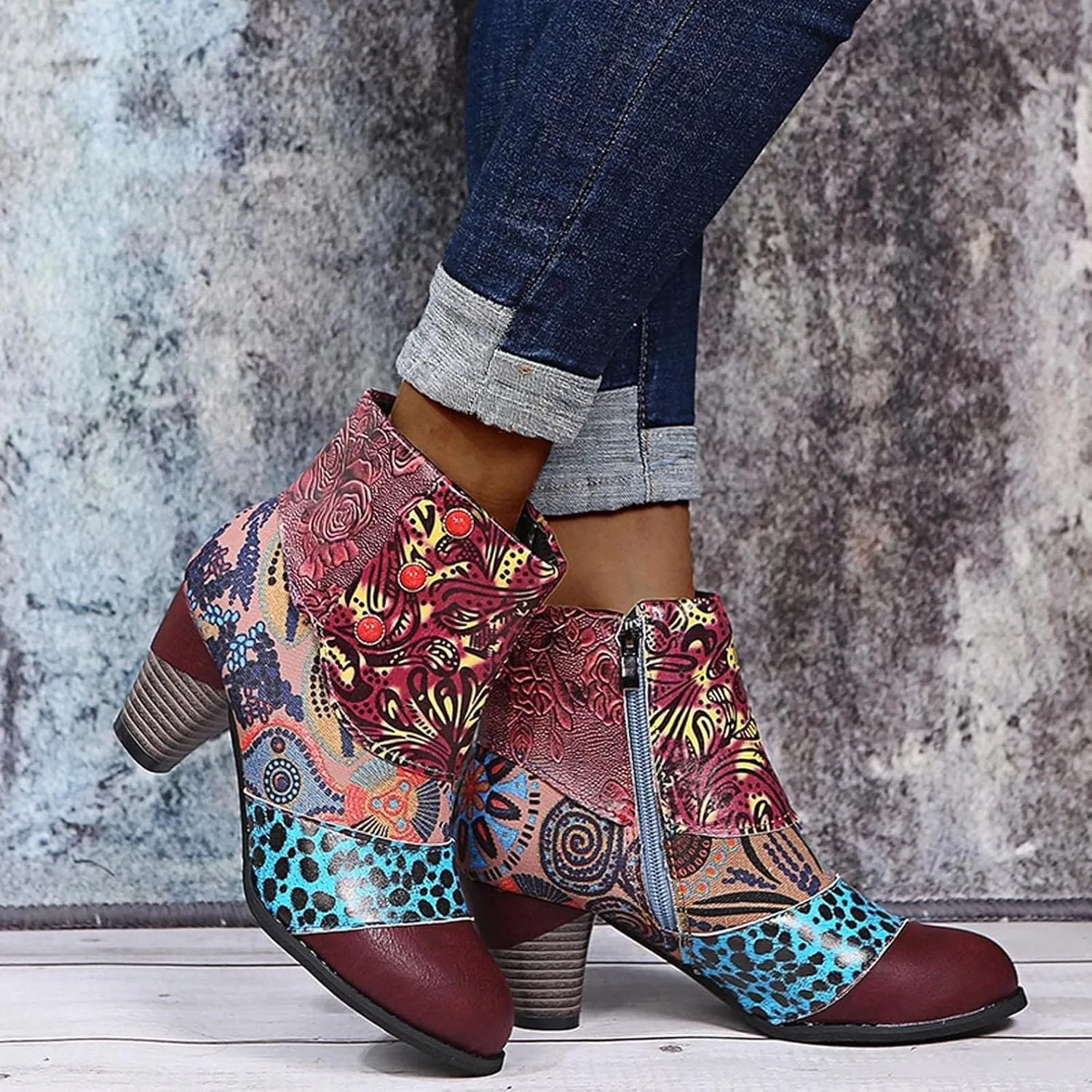 Cowboy Boots Woman 2024 Retro Lambskin High Heel Boots，Leather Round Toe Pump Ankle Booties Trendy Chunky High Heels Dress Short Boots for Ladies