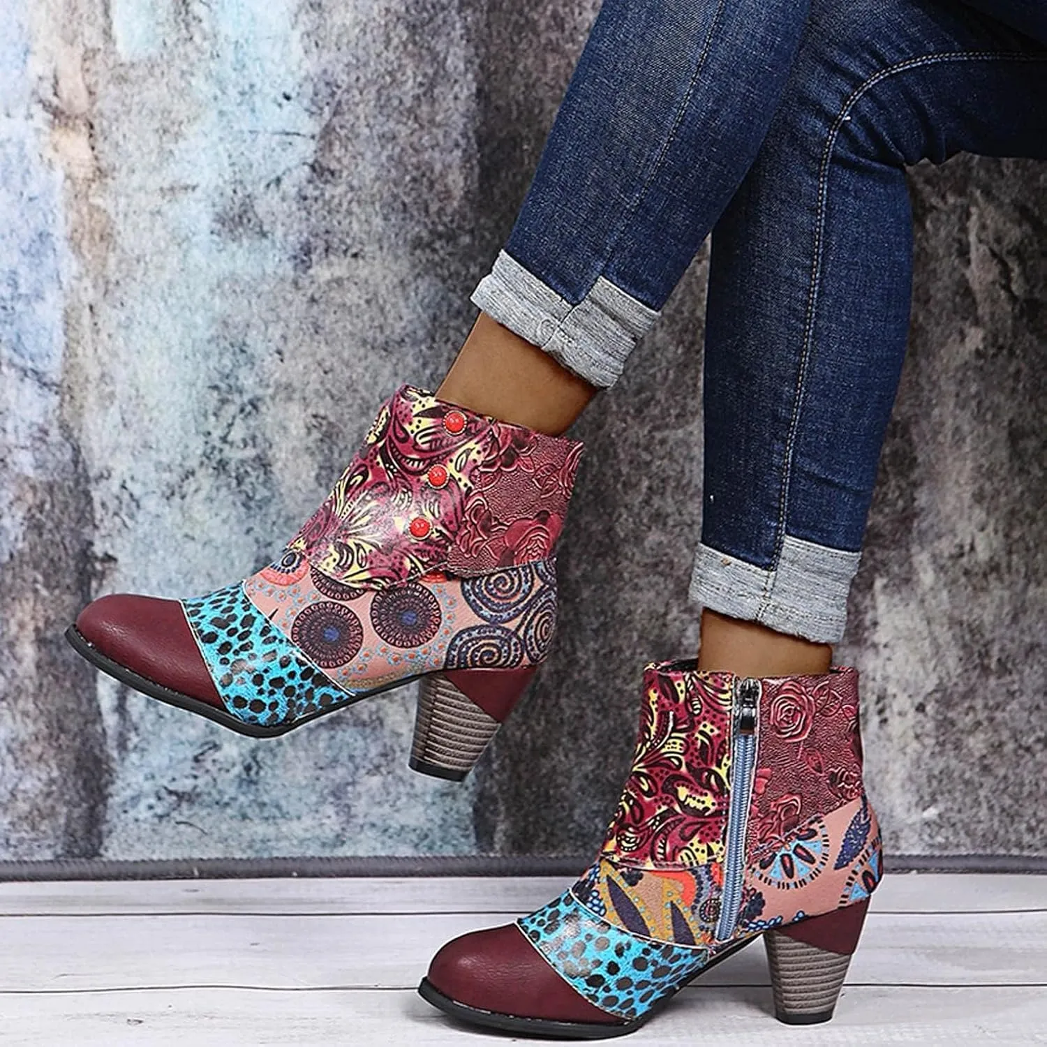 Cowboy Boots Woman 2024 Retro Lambskin High Heel Boots，Leather Round Toe Pump Ankle Booties Trendy Chunky High Heels Dress Short Boots for Ladies