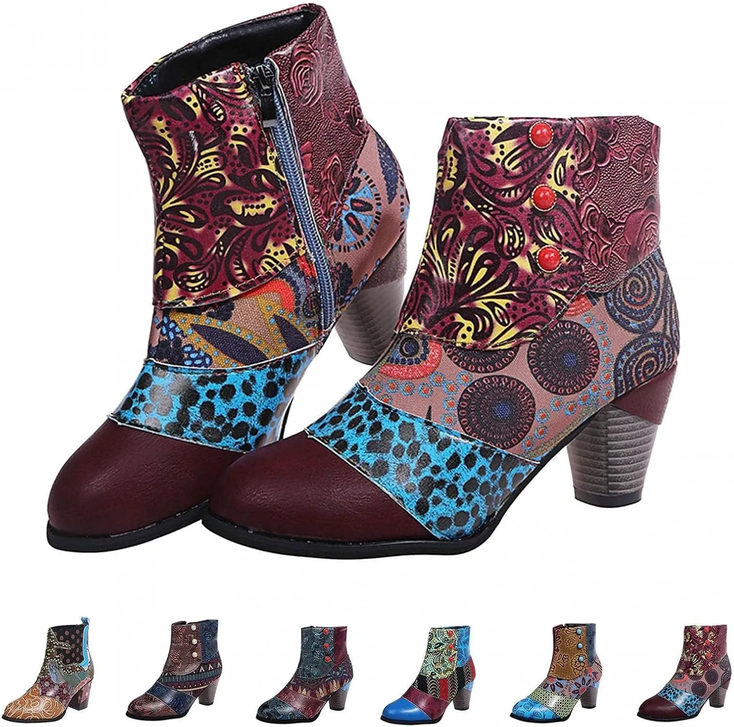 Cowboy Boots Woman 2024 Retro Lambskin High Heel Boots，Leather Round Toe Pump Ankle Booties Trendy Chunky High Heels Dress Short Boots for Ladies