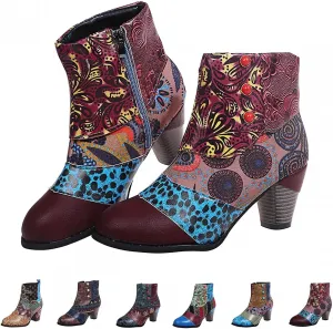 Cowboy Boots Woman 2024 Retro Lambskin High Heel Boots，Leather Round Toe Pump Ankle Booties Trendy Chunky High Heels Dress Short Boots for Ladies
