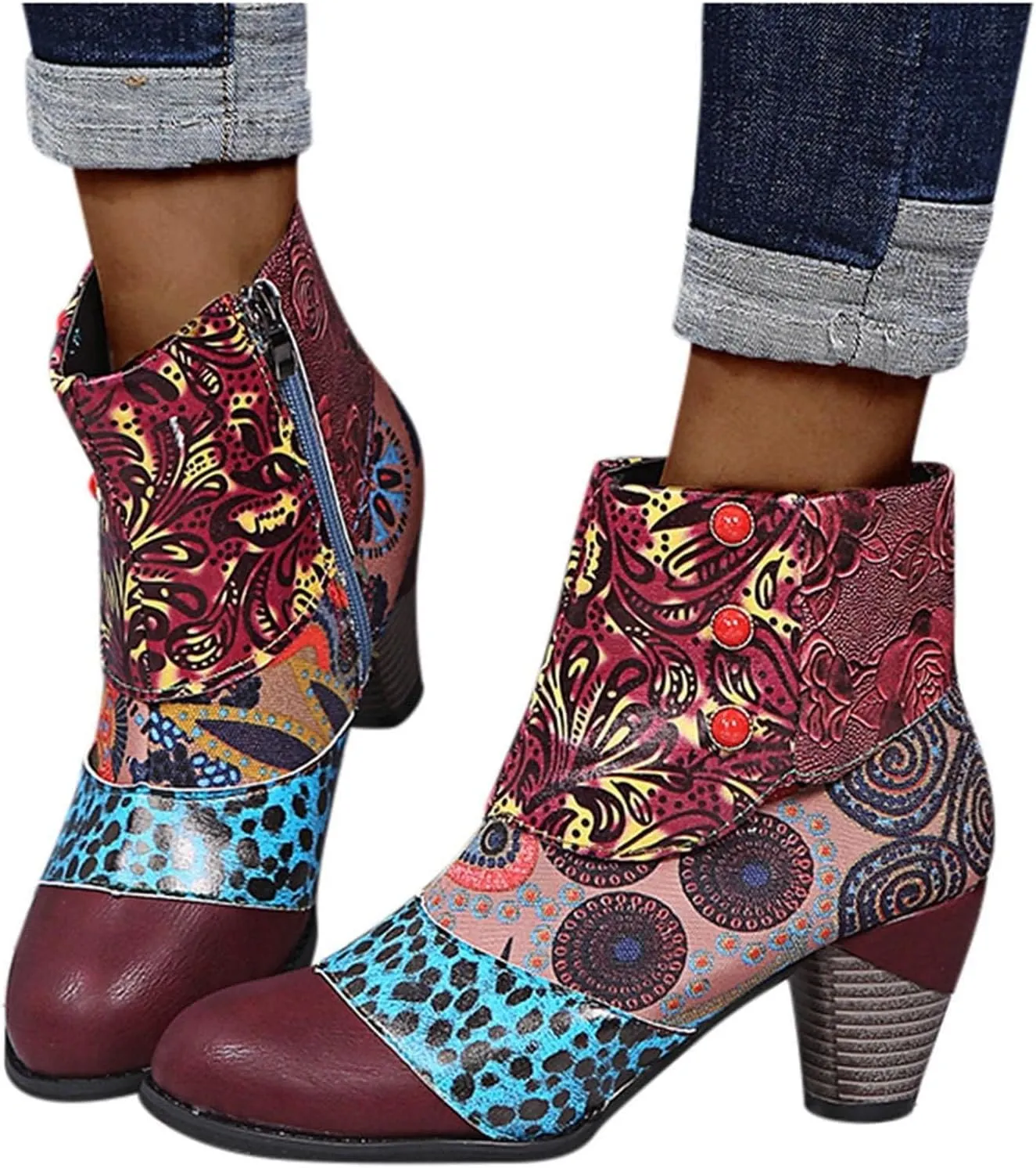 Cowboy Boots Woman 2024 Retro Lambskin High Heel Boots，Leather Round Toe Pump Ankle Booties Trendy Chunky High Heels Dress Short Boots for Ladies
