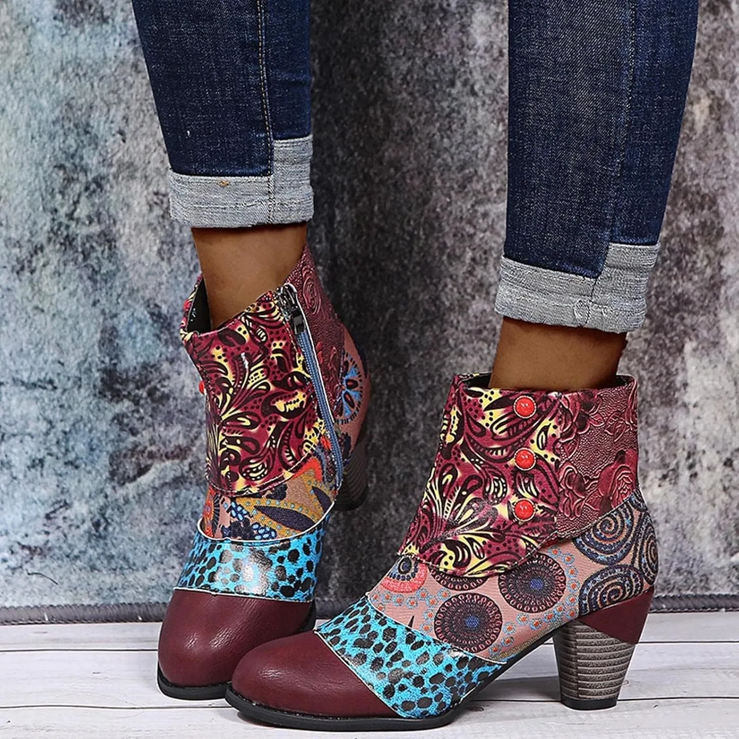 Cowboy Boots Woman 2024 Retro Lambskin High Heel Boots，Leather Round Toe Pump Ankle Booties Trendy Chunky High Heels Dress Short Boots for Ladies