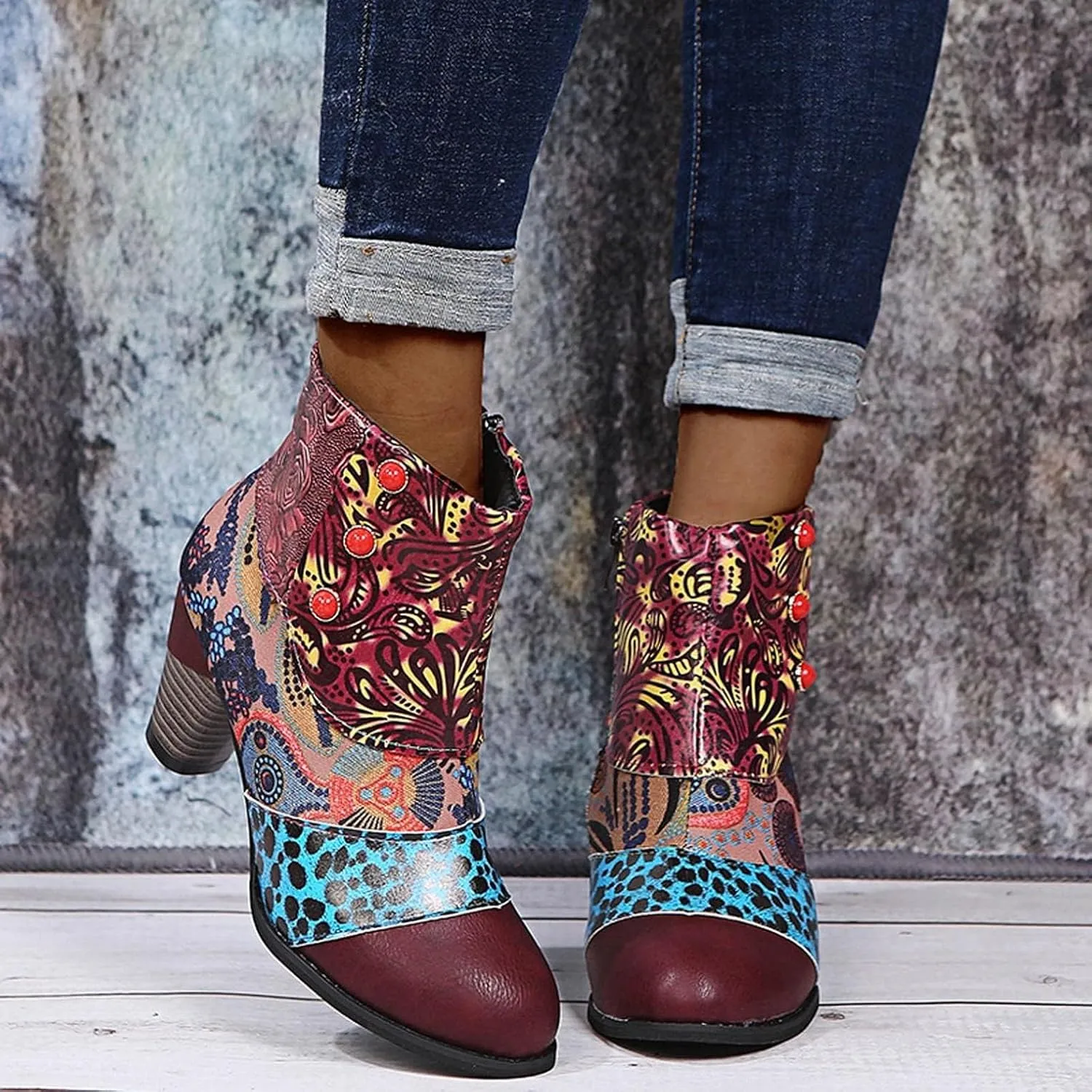 Cowboy Boots Woman 2024 Retro Lambskin High Heel Boots，Leather Round Toe Pump Ankle Booties Trendy Chunky High Heels Dress Short Boots for Ladies