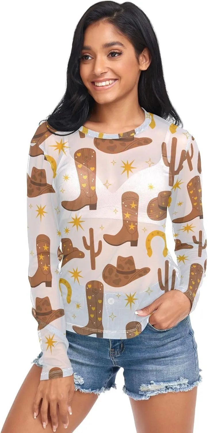 Cowboy Hats Boots Cactus See Through Tops for Women Mesh Sheer Tops Long Sleeve Women Blouse