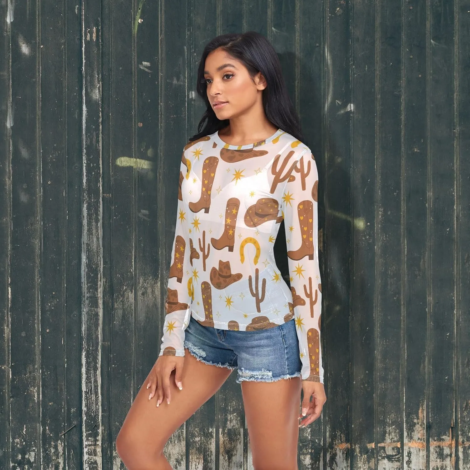 Cowboy Hats Boots Cactus See Through Tops for Women Mesh Sheer Tops Long Sleeve Women Blouse
