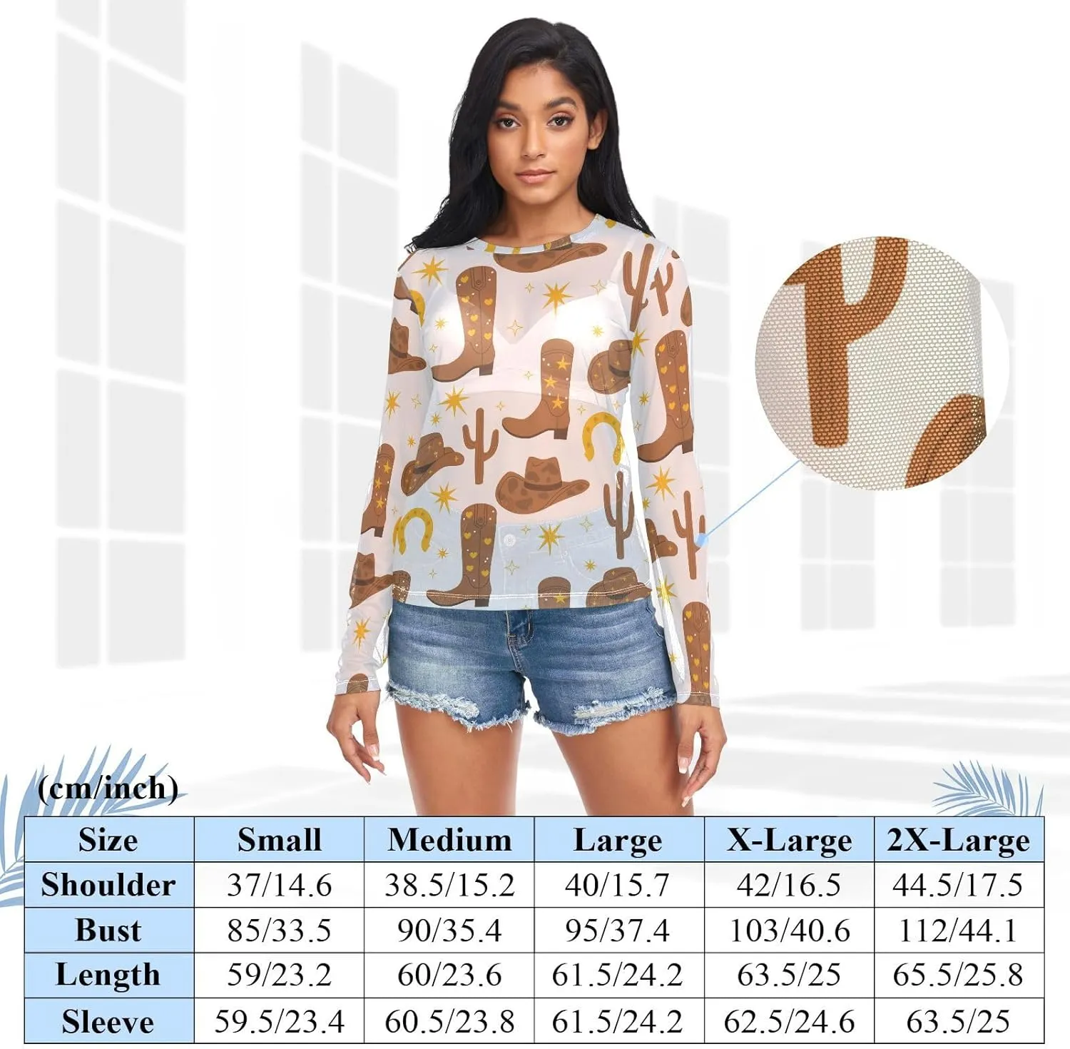Cowboy Hats Boots Cactus See Through Tops for Women Mesh Sheer Tops Long Sleeve Women Blouse
