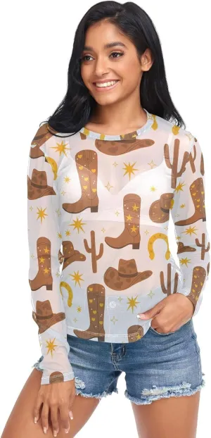 Cowboy Hats Boots Cactus See Through Tops for Women Mesh Sheer Tops Long Sleeve Women Blouse