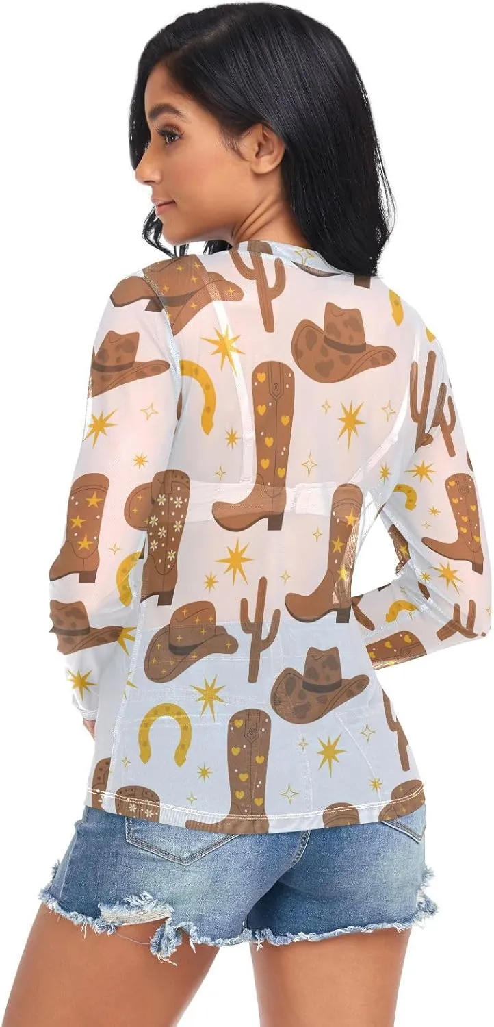 Cowboy Hats Boots Cactus See Through Tops for Women Mesh Sheer Tops Long Sleeve Women Blouse