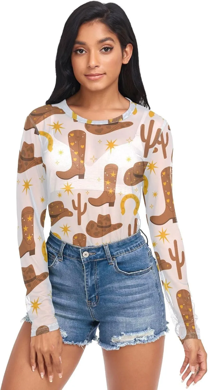 Cowboy Hats Boots Cactus See Through Tops for Women Mesh Sheer Tops Long Sleeve Women Blouse