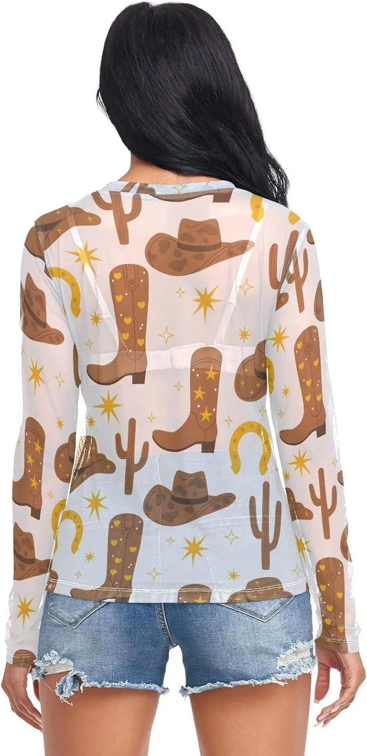 Cowboy Hats Boots Cactus See Through Tops for Women Mesh Sheer Tops Long Sleeve Women Blouse