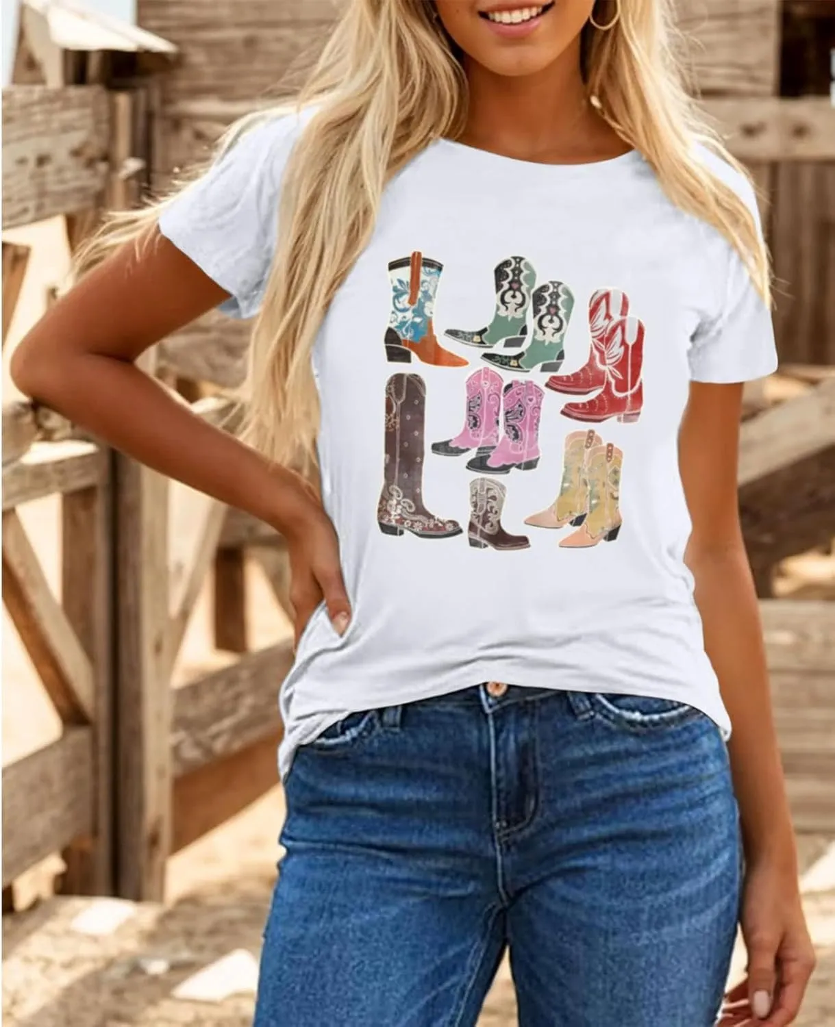 Cowboy Shirts for Women Western Cowgirl Country Graphic Tees Rodeo Boot Vintage T Shirts Music Cute Concert Outfit
