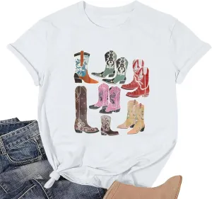 Cowboy Shirts for Women Western Cowgirl Country Graphic Tees Rodeo Boot Vintage T Shirts Music Cute Concert Outfit