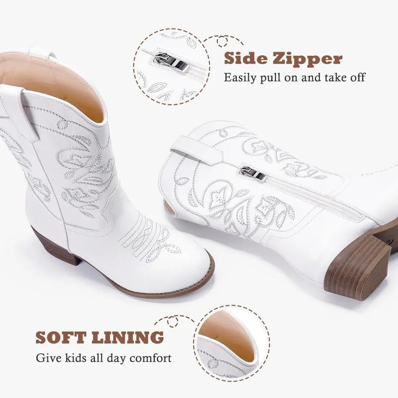 Cowgirl Boots for Girls Mid Calf Youth Girl Cowboy Western Boots Pointed Toe Embroidered for Horse Riding Country Party Toddler Little Big Kids
