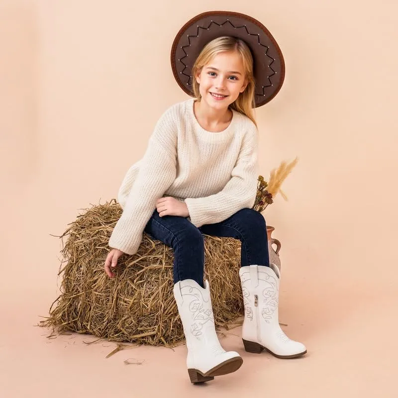 Cowgirl Boots for Girls Mid Calf Youth Girl Cowboy Western Boots Pointed Toe Embroidered for Horse Riding Country Party Toddler Little Big Kids