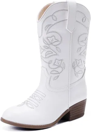 Cowgirl Boots for Girls Mid Calf Youth Girl Cowboy Western Boots Pointed Toe Embroidered for Horse Riding Country Party Toddler Little Big Kids