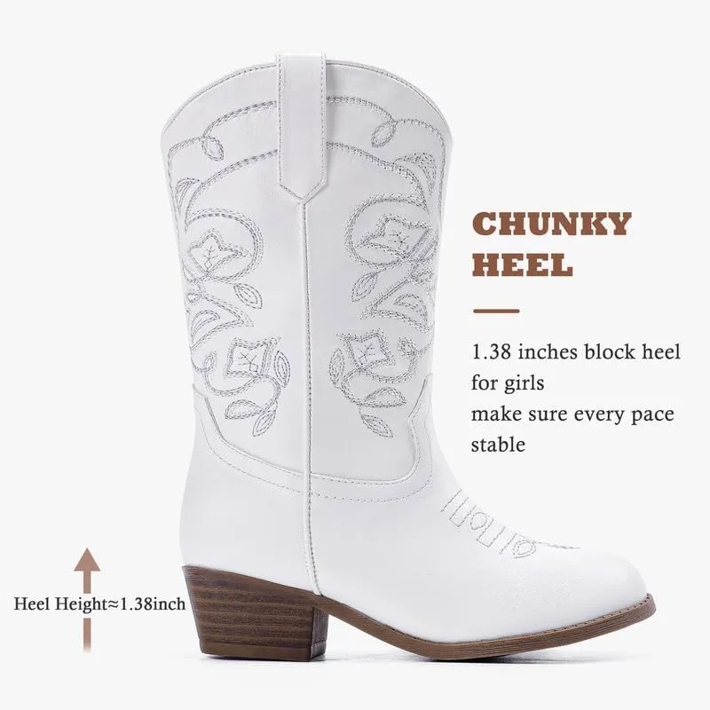 Cowgirl Boots for Girls Mid Calf Youth Girl Cowboy Western Boots Pointed Toe Embroidered for Horse Riding Country Party Toddler Little Big Kids