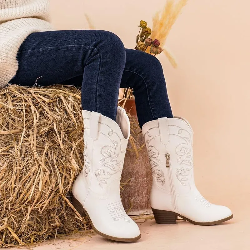Cowgirl Boots for Girls Mid Calf Youth Girl Cowboy Western Boots Pointed Toe Embroidered for Horse Riding Country Party Toddler Little Big Kids