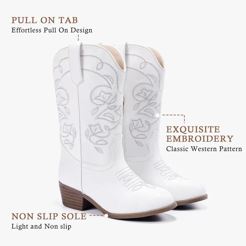 Cowgirl Boots for Girls Mid Calf Youth Girl Cowboy Western Boots Pointed Toe Embroidered for Horse Riding Country Party Toddler Little Big Kids