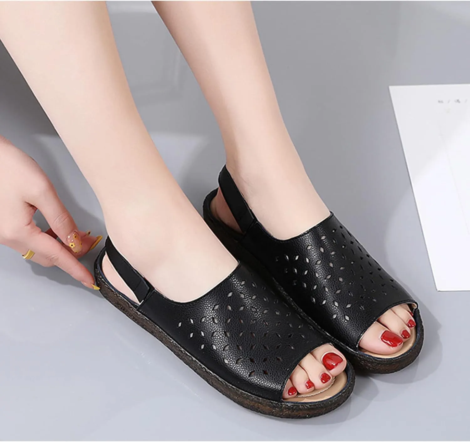 Crepuscute Women's Hollow Out Leather Fish Mouth Soft Bottom Sandals,Summer Slip On Soft Leather Slides Sandal Open Toe with Ankle Strap Breathable Comfortable Sandals