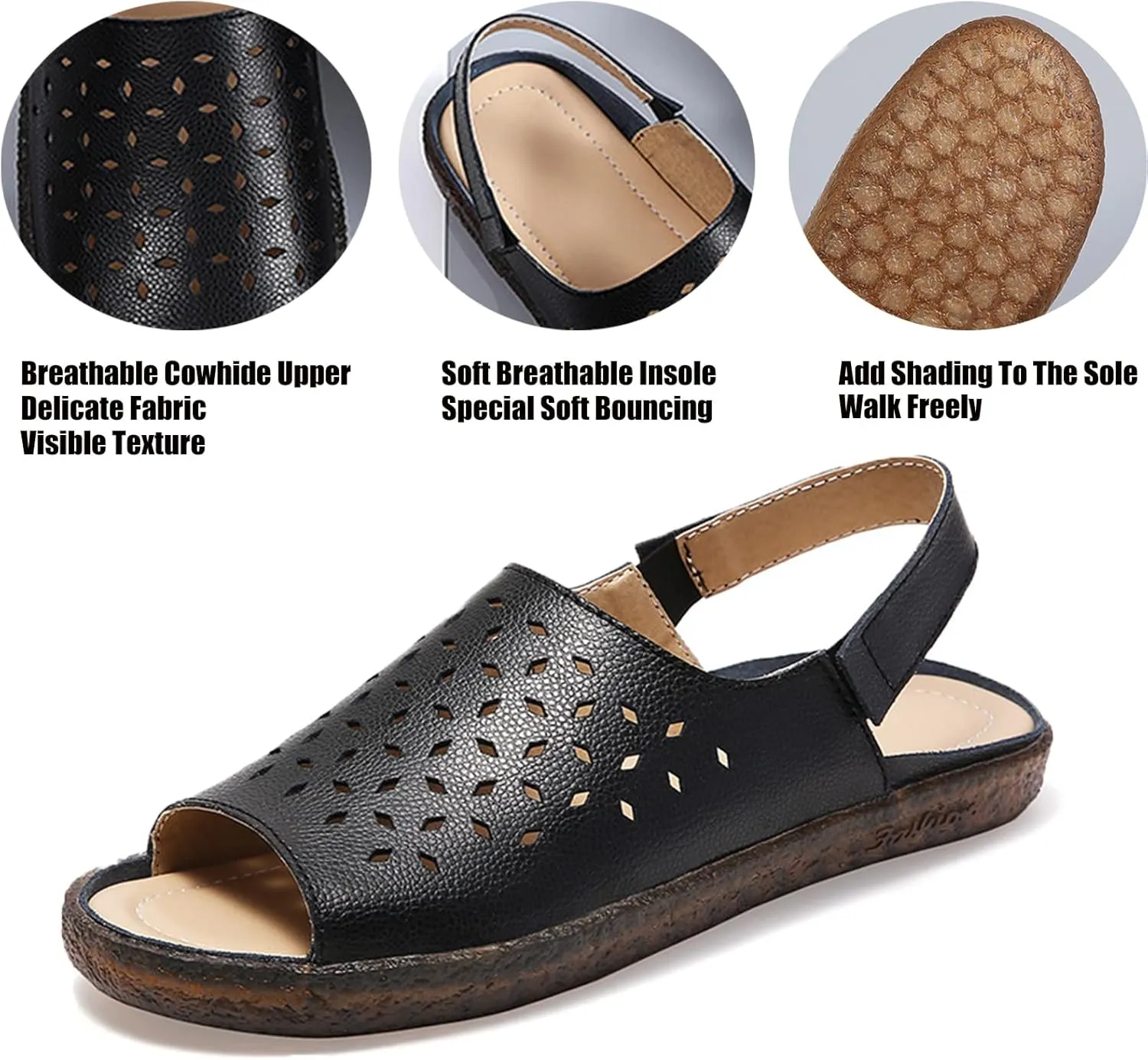 Crepuscute Women's Hollow Out Leather Fish Mouth Soft Bottom Sandals,Summer Slip On Soft Leather Slides Sandal Open Toe with Ankle Strap Breathable Comfortable Sandals