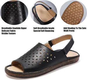 Crepuscute Women's Hollow Out Leather Fish Mouth Soft Bottom Sandals,Summer Slip On Soft Leather Slides Sandal Open Toe with Ankle Strap Breathable Comfortable Sandals