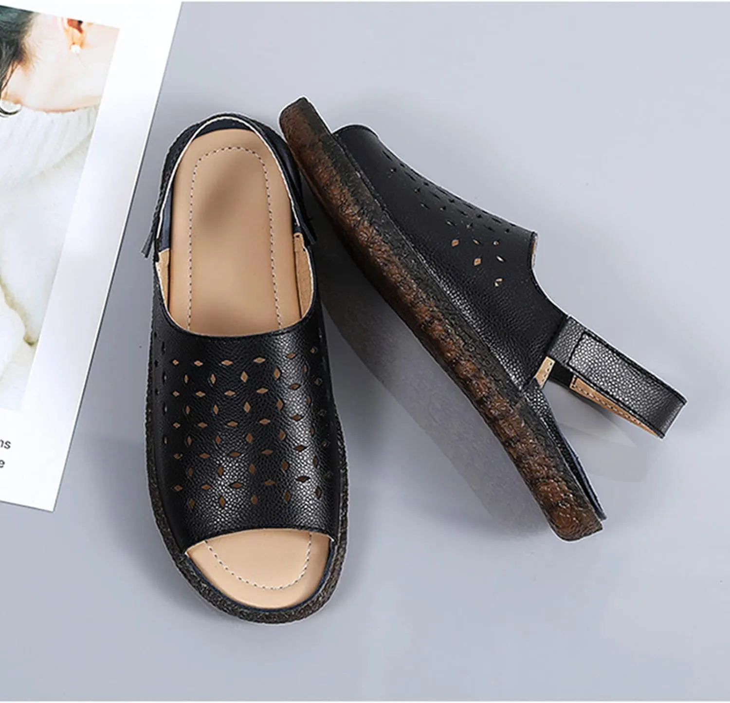 Crepuscute Women's Hollow Out Leather Fish Mouth Soft Bottom Sandals,Summer Slip On Soft Leather Slides Sandal Open Toe with Ankle Strap Breathable Comfortable Sandals