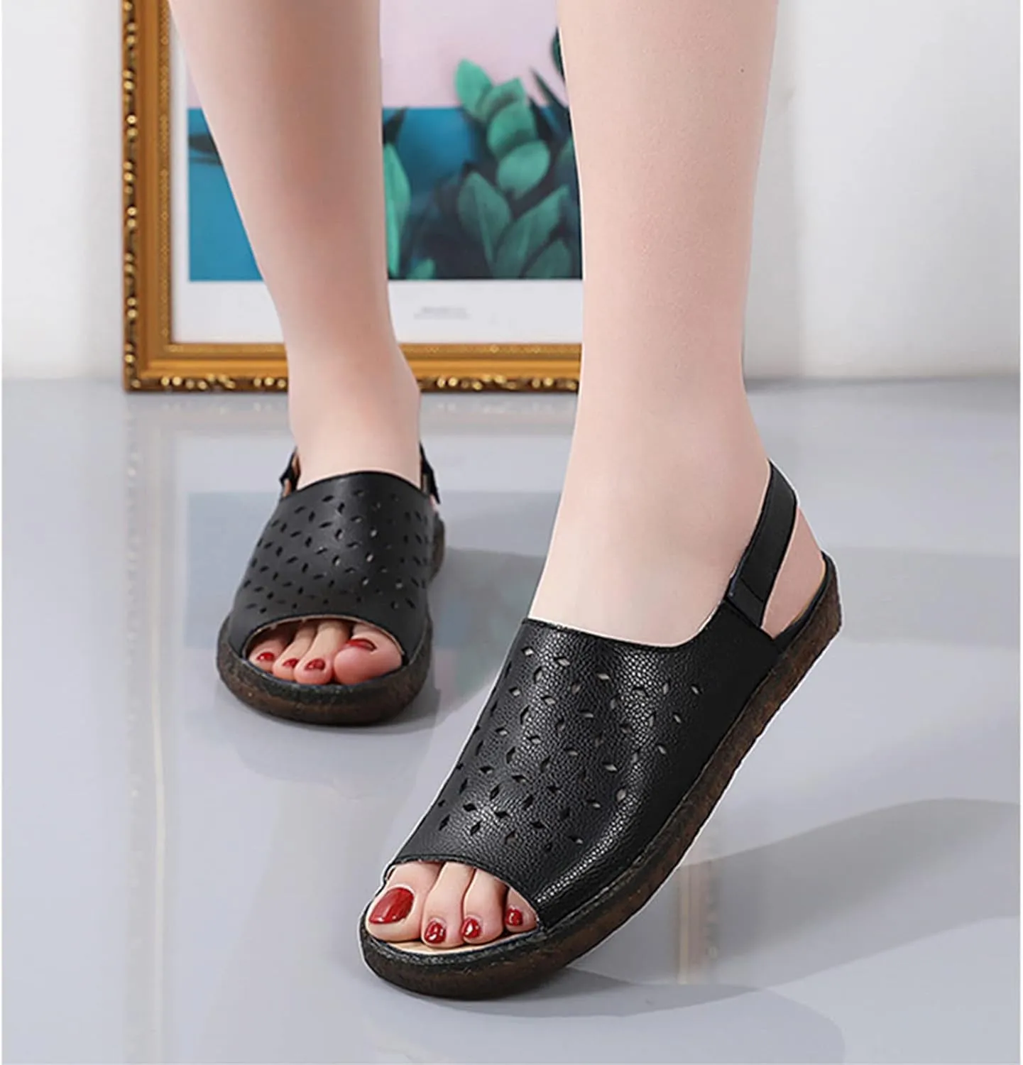 Crepuscute Women's Hollow Out Leather Fish Mouth Soft Bottom Sandals,Summer Slip On Soft Leather Slides Sandal Open Toe with Ankle Strap Breathable Comfortable Sandals