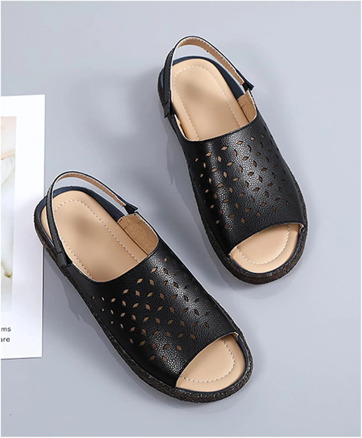 Crepuscute Women's Hollow Out Leather Fish Mouth Soft Bottom Sandals,Summer Slip On Soft Leather Slides Sandal Open Toe with Ankle Strap Breathable Comfortable Sandals