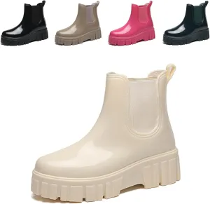 Crepuscute Women's Waterproof Platform High Top Rain Boots - Lightweight Garden Chelsea Ankle Boots With Comfortable Soft Insole for Outdoor
