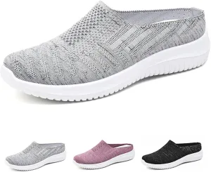 Cubicbee Women's Knitted Slip On Lightweight Mule Sneakers,Comfort Open Back Flats Fashion Mesh Breathe Loafer Closed Round Toe Low Top Walking Shoes