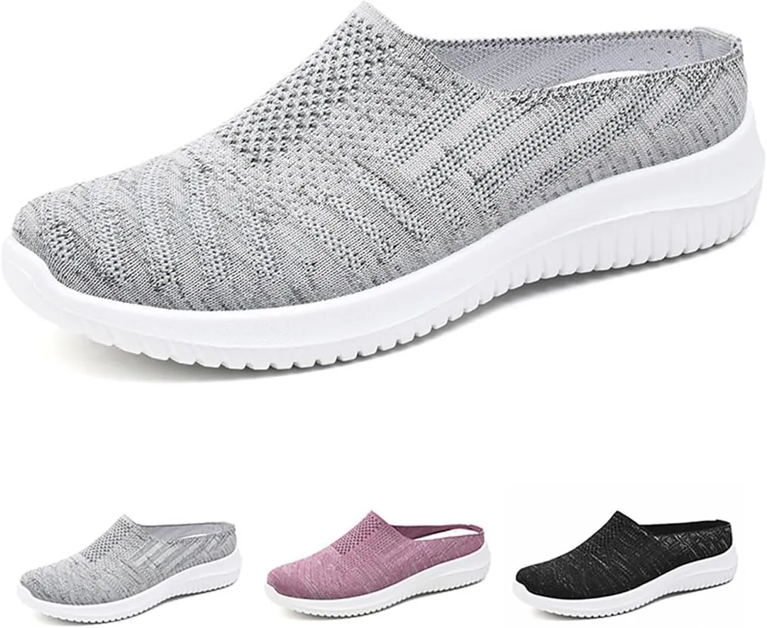 Cubicbee Women's Knitted Slip On Lightweight Mule Sneakers,Comfort Open Back Flats Fashion Mesh Breathe Loafer Closed Round Toe Low Top Walking Shoes