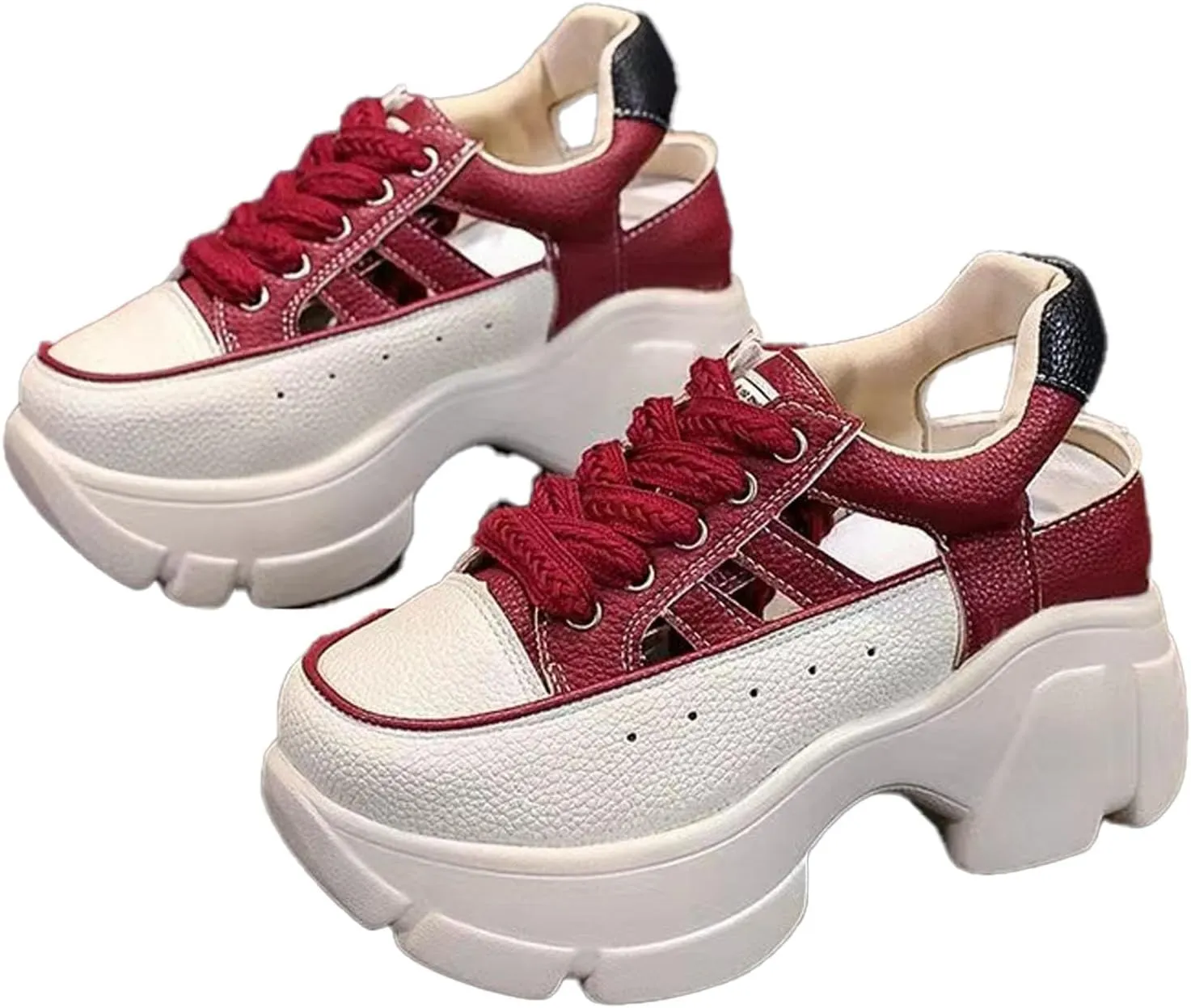 Cubicbee Women's Leather Platform Hollow Out Walking Shoes Non-Slip Breathable Lace-Up Rome Sandals Adjustable Buckle Casual Sneakers