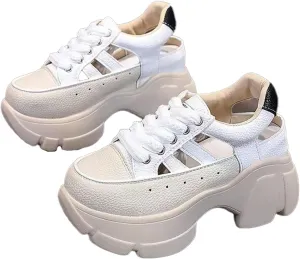 Cubicbee Women's Leather Platform Hollow Out Walking Shoes Non-Slip Breathable Lace-Up Rome Sandals Adjustable Buckle Casual Sneakers
