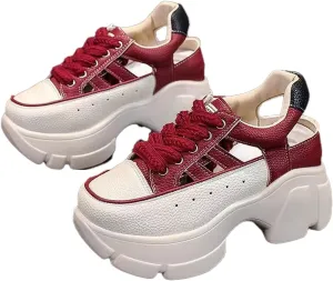 Cubicbee Women's Leather Platform Hollow Out Walking Shoes Non-Slip Breathable Lace-Up Rome Sandals Adjustable Buckle Casual Sneakers